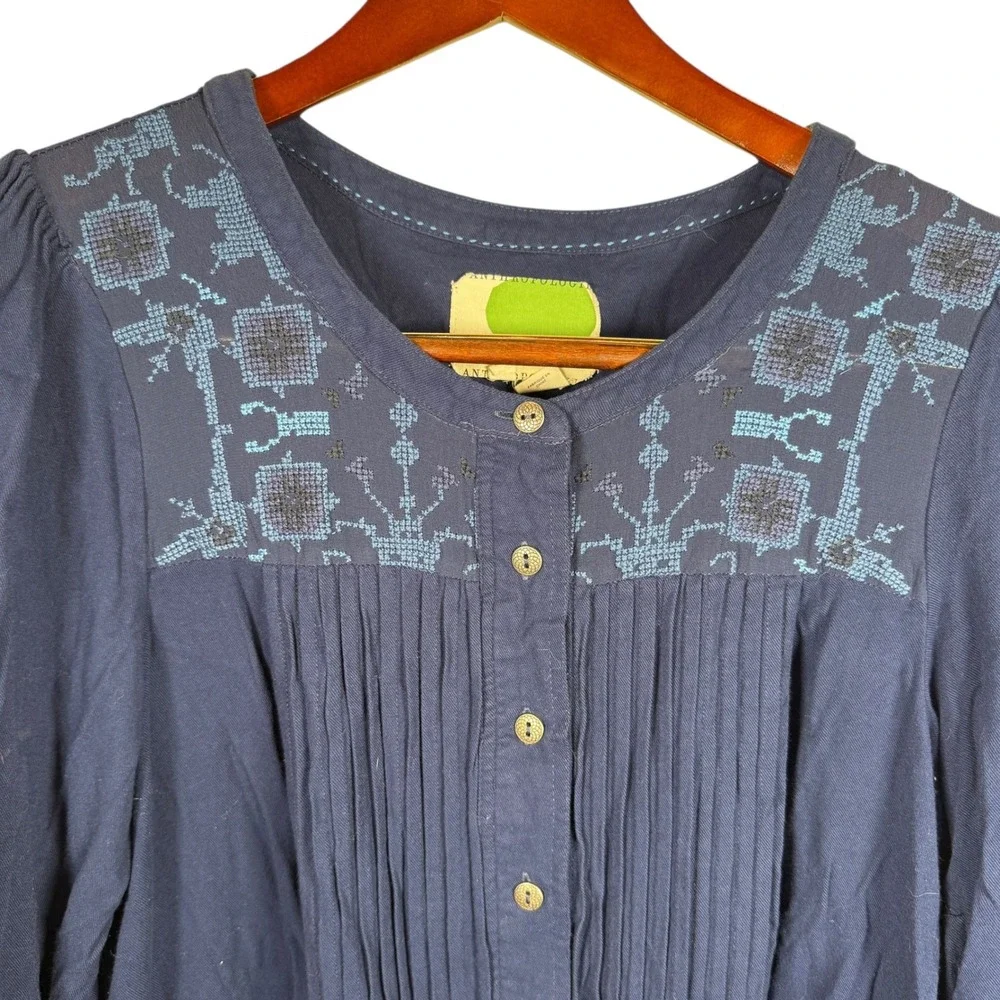 Anthropologie Dubois Embroidered Tunic Dress Blue Womans Size 12 Boho Lagenlook‎